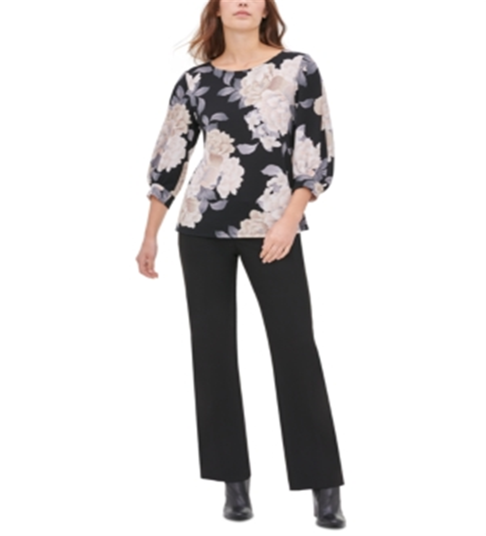 Calvin Klein Women's Printed Blouson Sleeve Top -Black Size XS