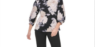 Calvin Klein Women's Printed Blouson Sleeve Top -Black Size XS