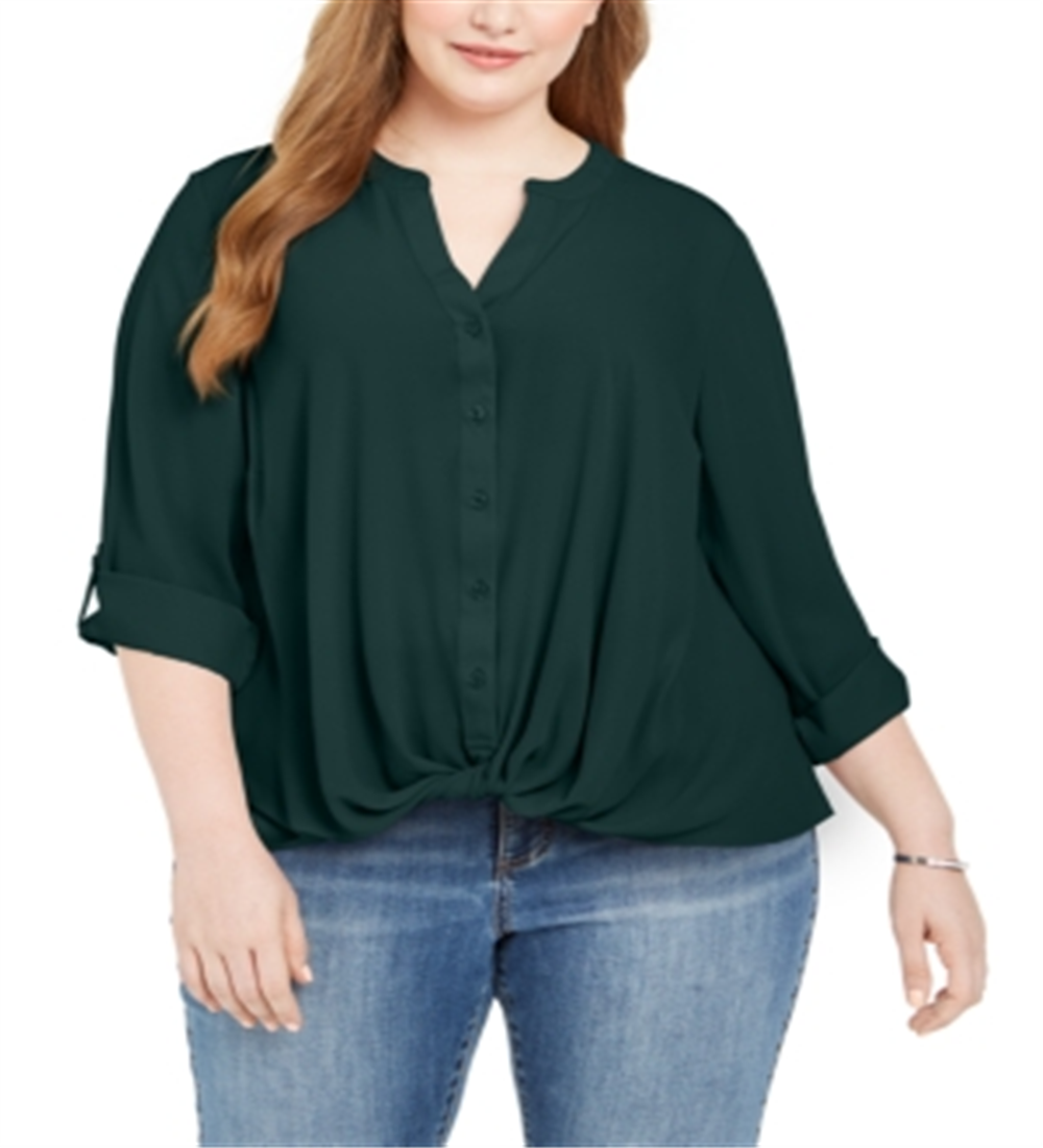 INC International Concepts Women's Twist Front Shirt Hunter Forest Green Size 1X