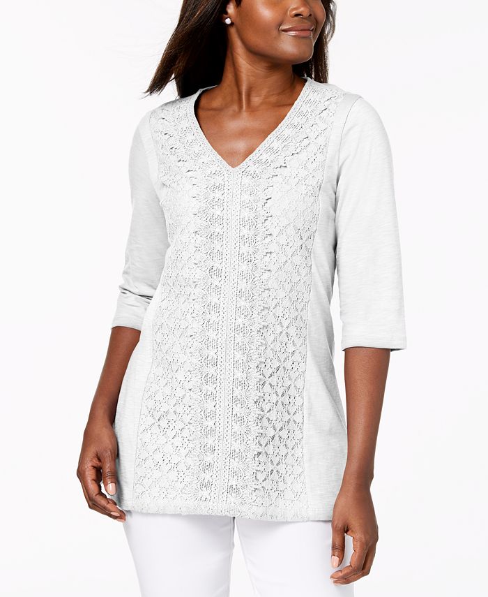JM Collection Women's Embellished Lace Contrast Top White Size S