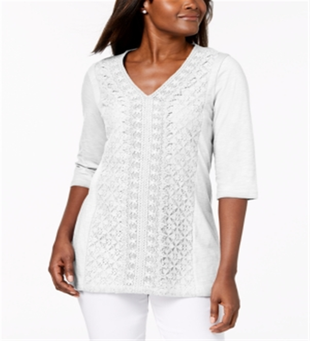 JM Collection Women's Embellished Lace Contrast Top White Size S