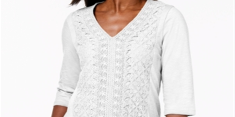 JM Collection Women's Embellished Lace Contrast Top White Size S