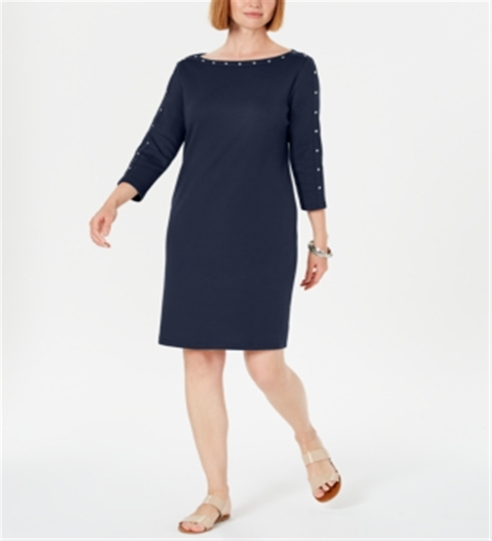 Karen Scott Women's Studded 3/4 Sleeve Boat Neck Above the Knee Shift Dress Blue Size X-Small
