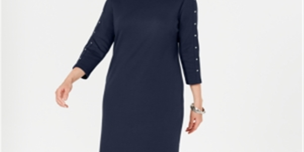 Karen Scott Women's Studded 3/4 Sleeve Boat Neck Above the Knee Shift Dress Blue Size X-Small