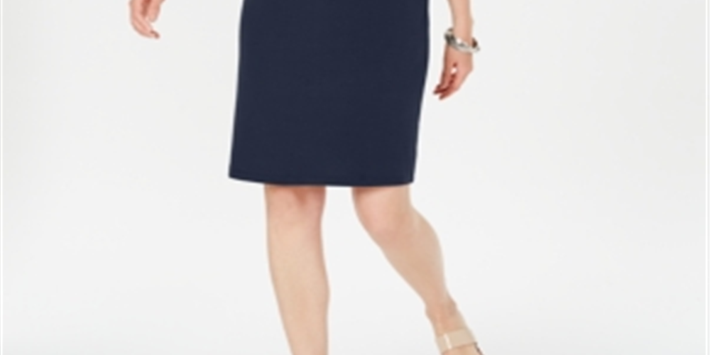 Karen Scott Women's Studded 3/4 Sleeve Boat Neck Above the Knee Shift Dress Blue Size X-Small