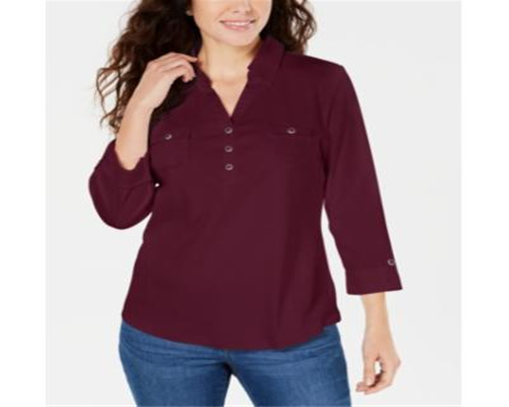 Karen Scott Women's Cotton Johnny Collar Utility Shirt Red Size Large