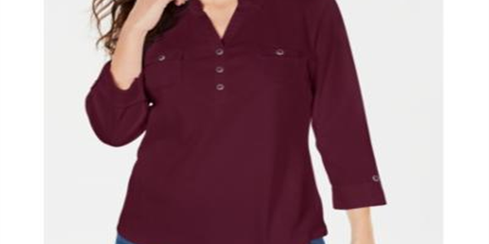 Karen Scott Women's Cotton Johnny Collar Utility Shirt Red Size Large