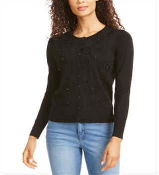Charter Club Women's Solid Long Sleeve Jewel Neck Button up Sweater Black Size X-Large