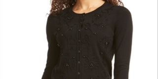 Charter Club Women's Solid Long Sleeve Jewel Neck Button up Sweater Black Size X-Large