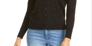 Charter Club Women's Solid Long Sleeve Jewel Neck Button up Sweater Black Size X-Large