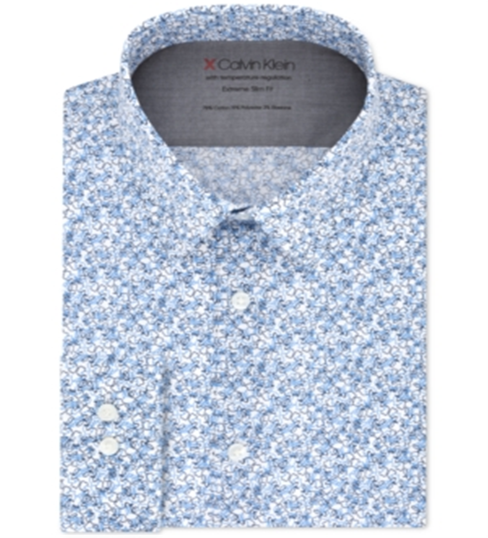 Calvin Klein Men's Extra Slim Fit Temperature Regulating Stretch Dress Shirts Blue Size 17.5x 32-33
