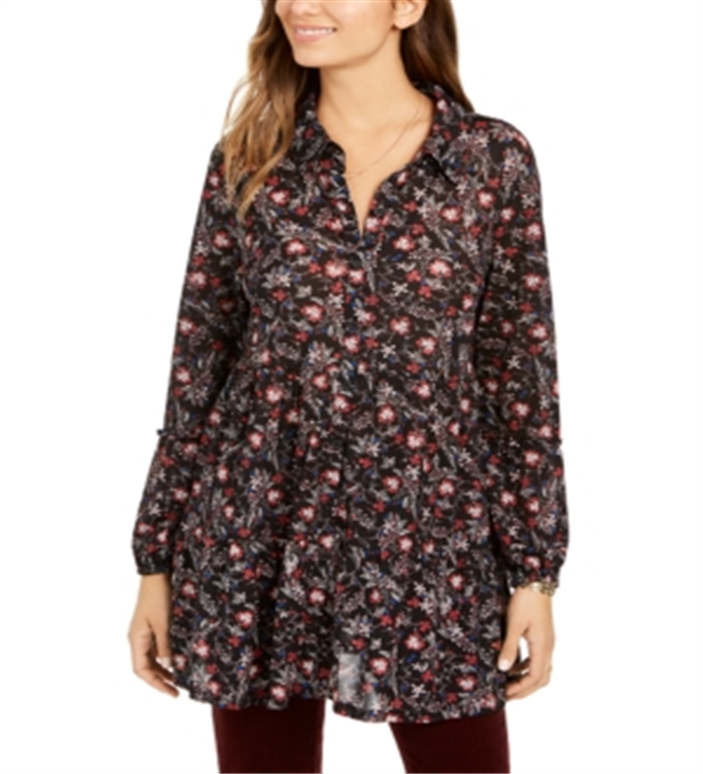 Style & Co Women's Floral Print Tiered Shirt Black Size PP