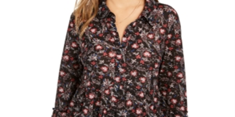 Style & Co Women's Floral Print Tiered Shirt Black Size PP
