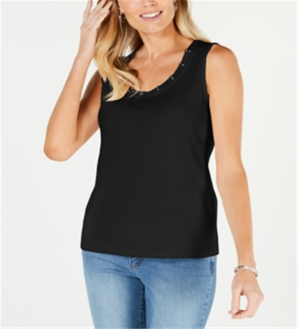Karen Scott Women's Lattice Neck Tank Top Black Size Medium