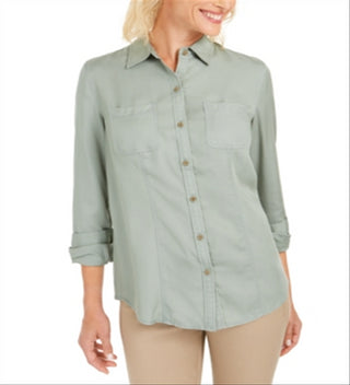 Charter Club Women's Woven Solid Tencel Shirt Green Size Medium