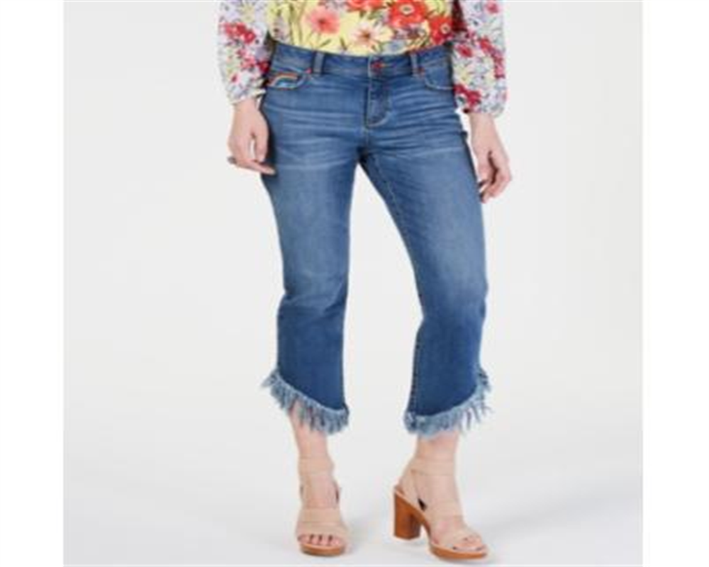 INC International Concepts Women's Rainbow Fringe Cropped Skinny Jeans Blue Size 14