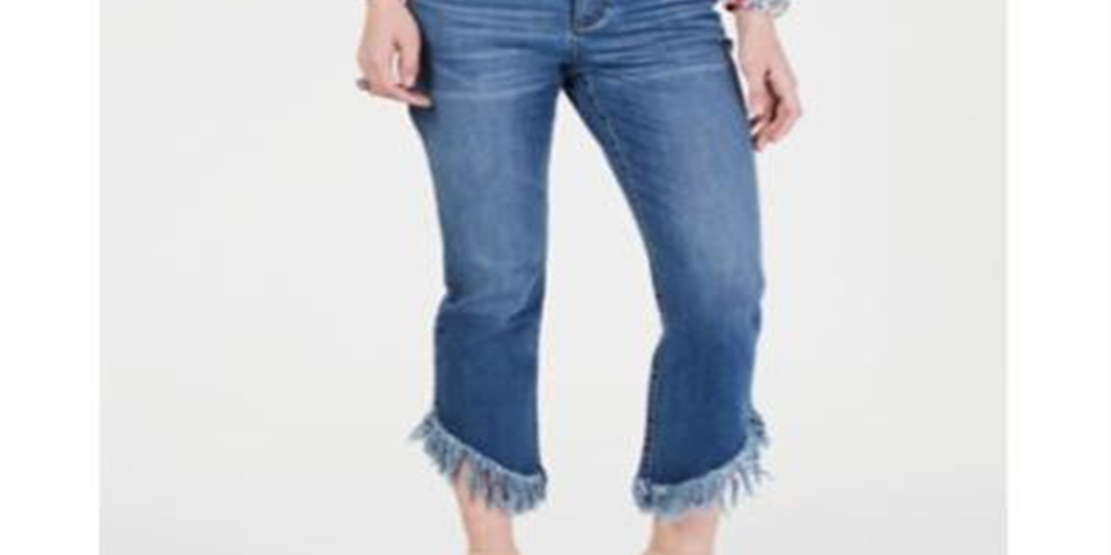 INC International Concepts Women's Rainbow Fringe Cropped Skinny Jeans Blue Size 14