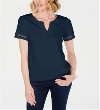 Charter Club Women's Split Neck Cotton Top Blue Size Medium