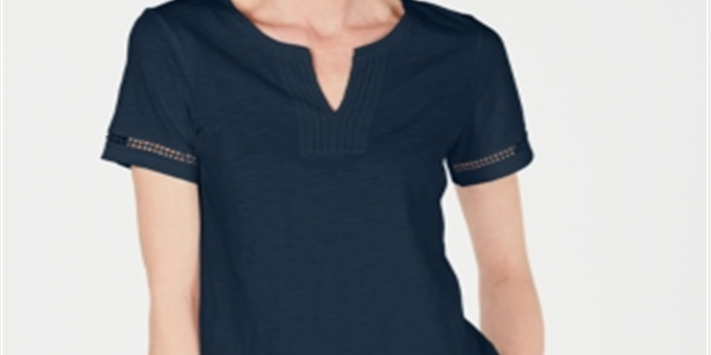 Charter Club Women's Split Neck Cotton Top Blue Size Medium