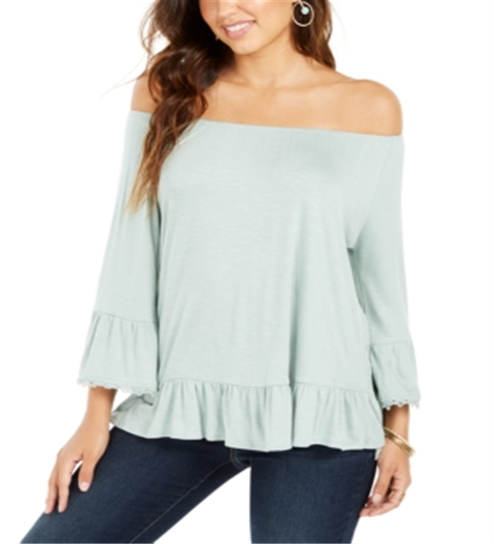 Style & Co Women's Off the Shoulder Ruffled Top Green Size Petite M