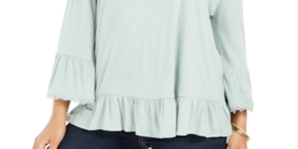 Style & Co Women's Off the Shoulder Ruffled Top Green Size Petite M