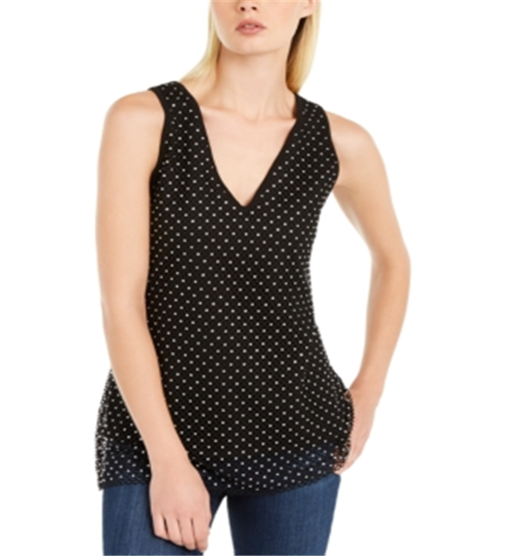 INC International Concepts Women's Rhinestone Sleeveless V Neck Sweater Black Size Medium