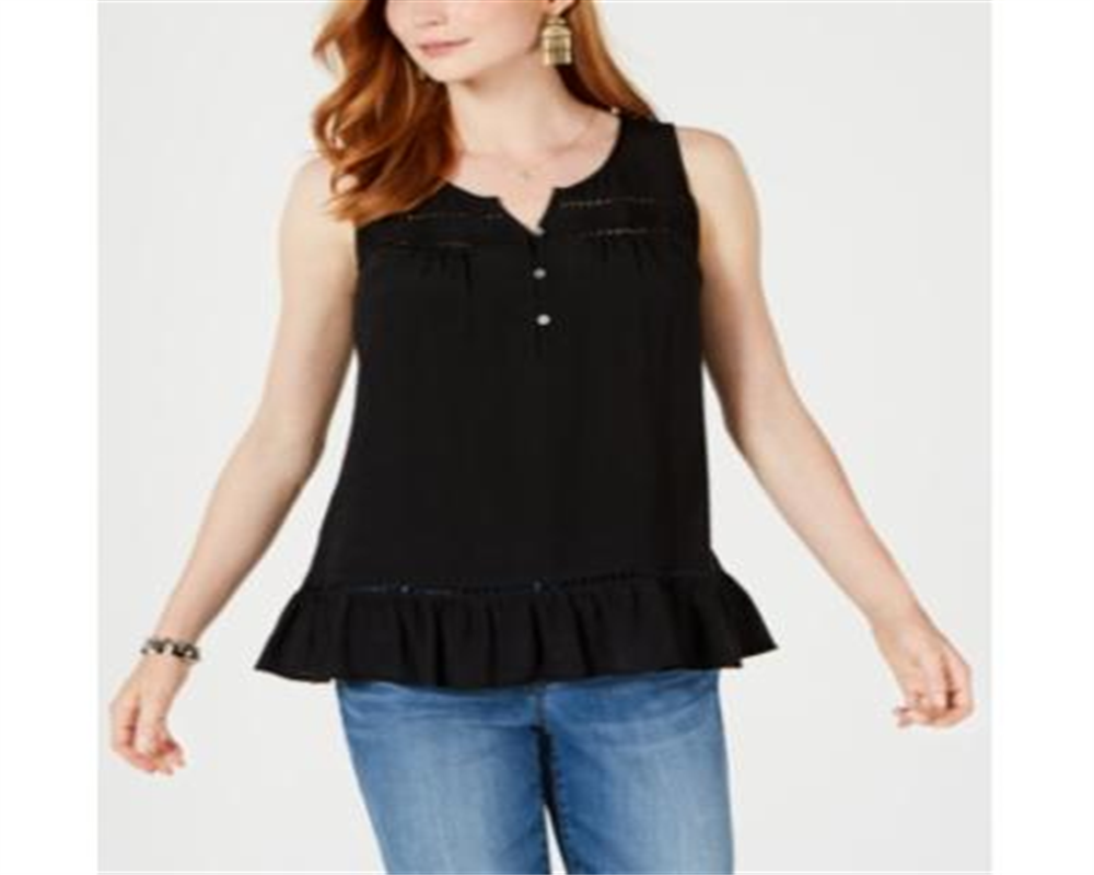 Style & Co Women's Ruffle Hem Open Trim Top Black Size Medium
