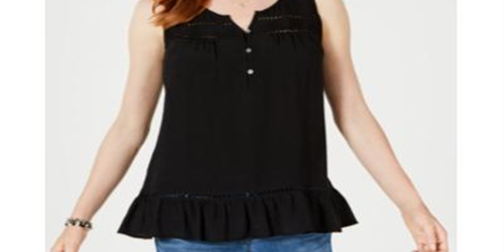 Style & Co Women's Ruffle Hem Open Trim Top Black Size Medium