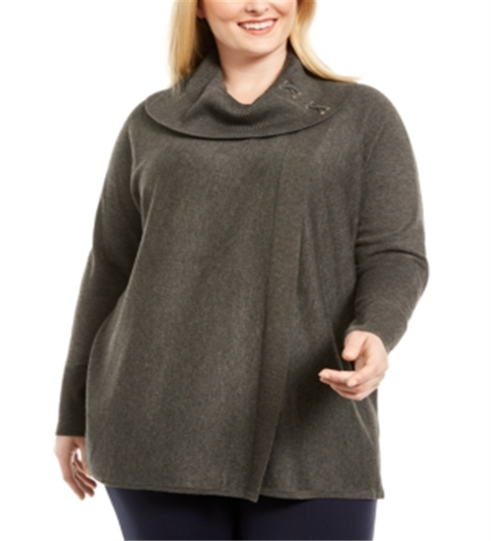 JM Collection Women's Plus Lace up Cowlneck Sweater Gray Size 2X