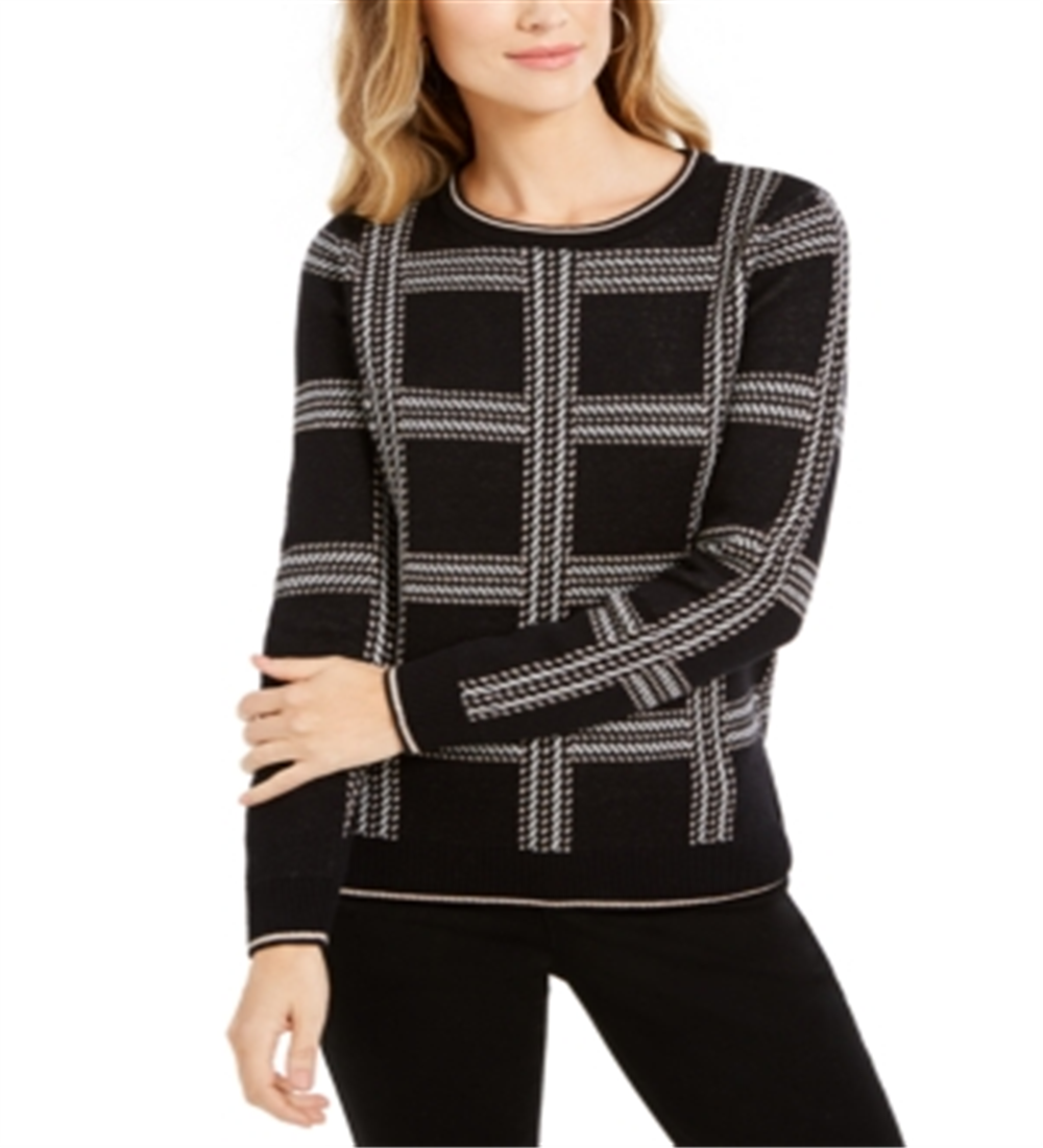 Charter Club Women's Patterned Jewel Neck Blouse Black X-Small