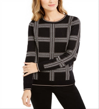 Charter Club Women's Patterned Jewel Neck Blouse Black X-Small