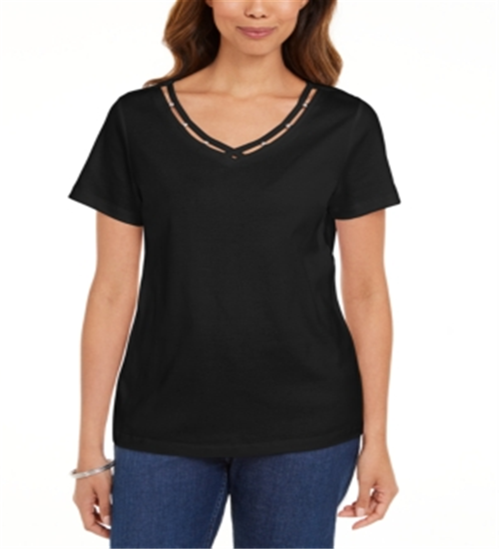 Karen Scott Women's Cotton Open Trim V Neck T-Shirt Black Size Small