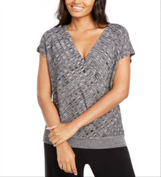 Alfani Women's Patterned Textured Short Sleeve Top Black Size Petite Large