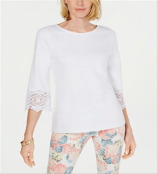 Charter Club Women's Lace Sleeve Top White Size Petite Medium