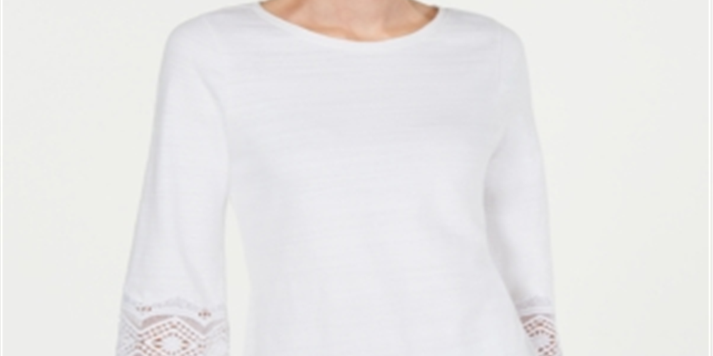 Charter Club Women's Lace Sleeve Top White Size Petite Medium