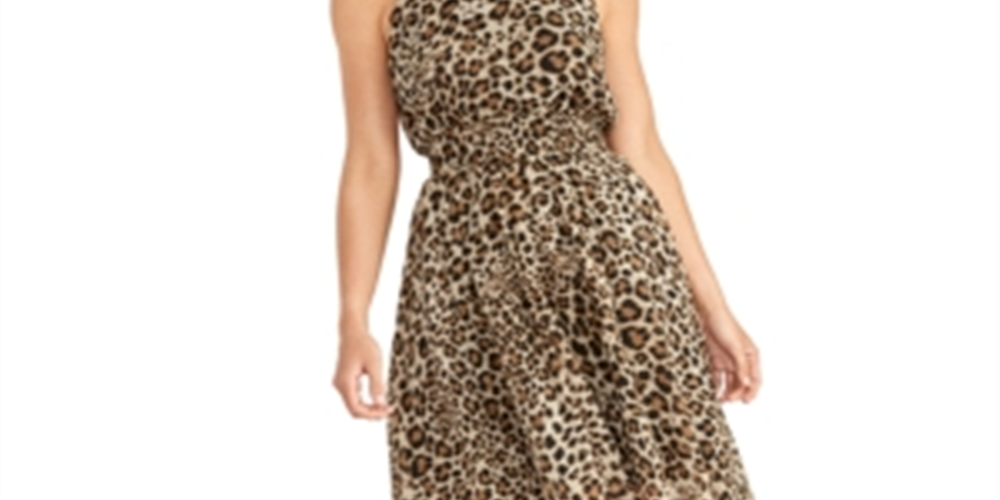 Rachel Roy Women's Animal Print Sleeveless Turtle Neck MIDI Fit Flare Party Dress Brown Size Large