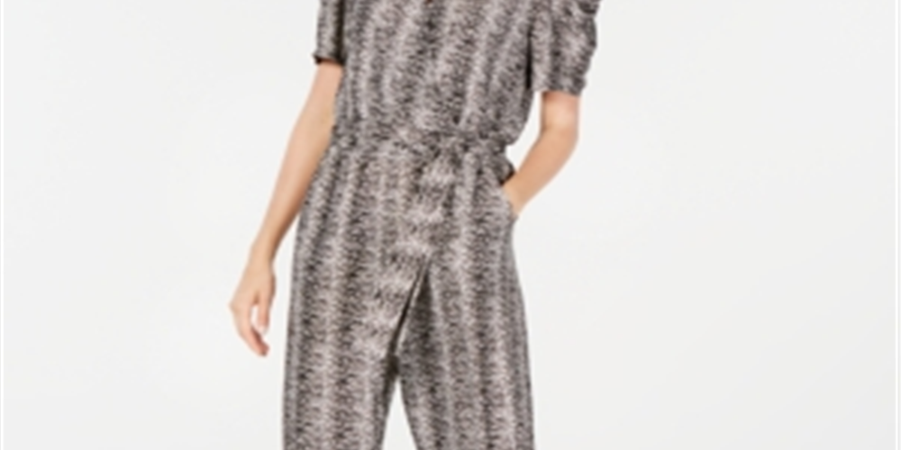 NY Collection Women's Printed Puff Sleeve Jumpsuit Black SizePetite XS