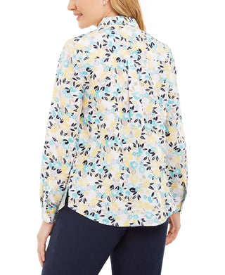 Charter Club Women's Printed Button Front Linen Blend Top White Size Petite X-Large