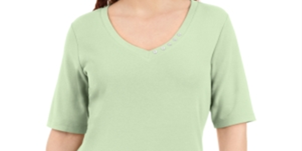 Karen Scott Women's Button Detail V Neck Top Green Size Medium