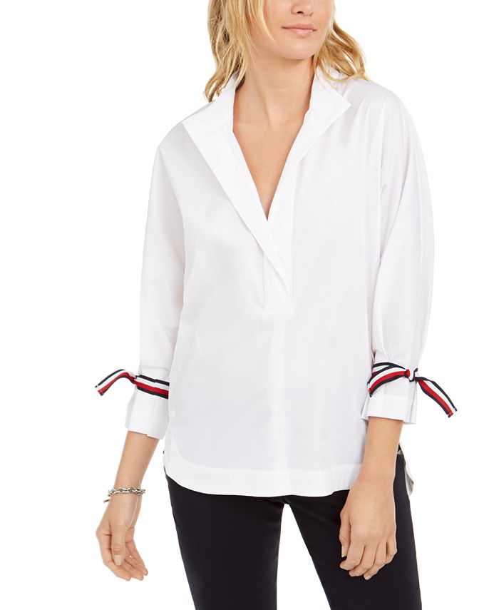 Tommy Hilfiger Women's Tie Sleeve Shirt White Size XS
