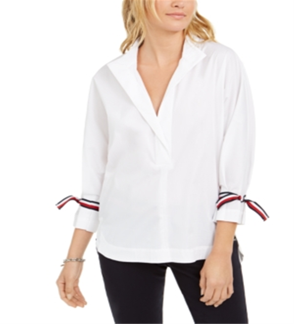 Tommy Hilfiger Women's Tie Sleeve Shirt White Size XS