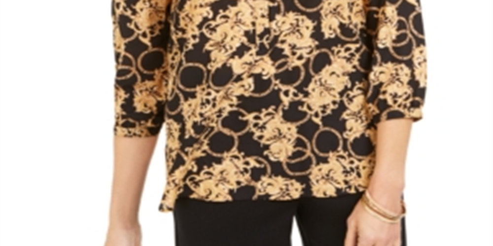 JM Collection Women's Foil Printed Pleat Back Top Black Size XX-Large