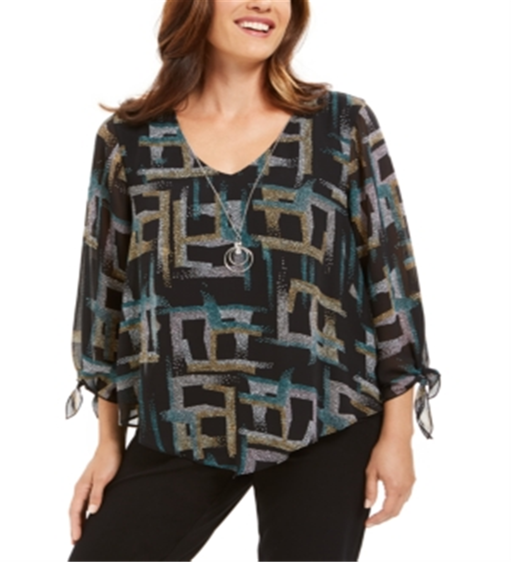 JM Collection Women's Printed Asymmetrical Necklace Blouse Black Size Small