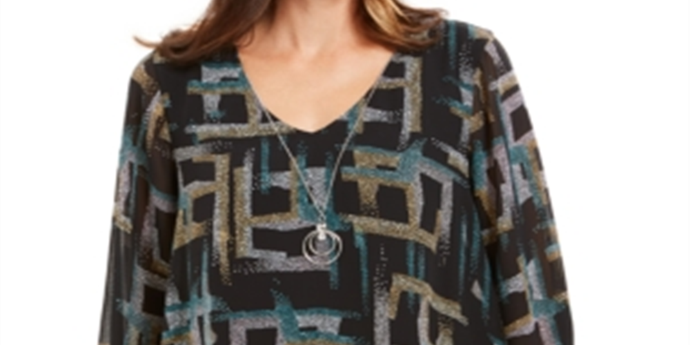 JM Collection Women's Printed Asymmetrical Necklace Blouse Black Size Small