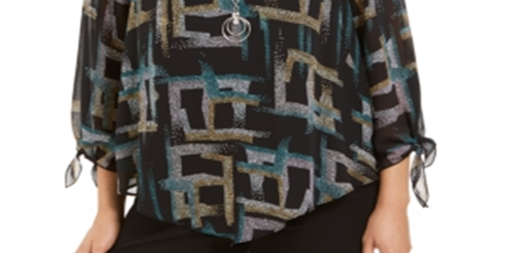 JM Collection Women's Printed Asymmetrical Necklace Blouse Black Size Small