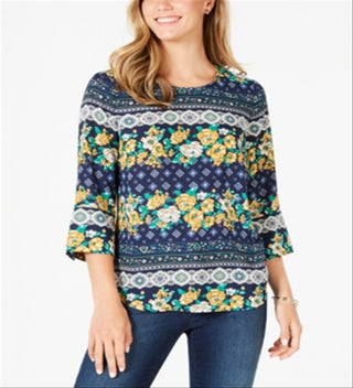 Charter Club Women's 3/4 Sleeve Printed Top Blue Size X-Large