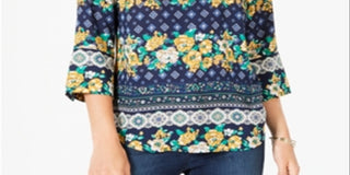 Charter Club Women's 3/4 Sleeve Printed Top Blue Size X-Large