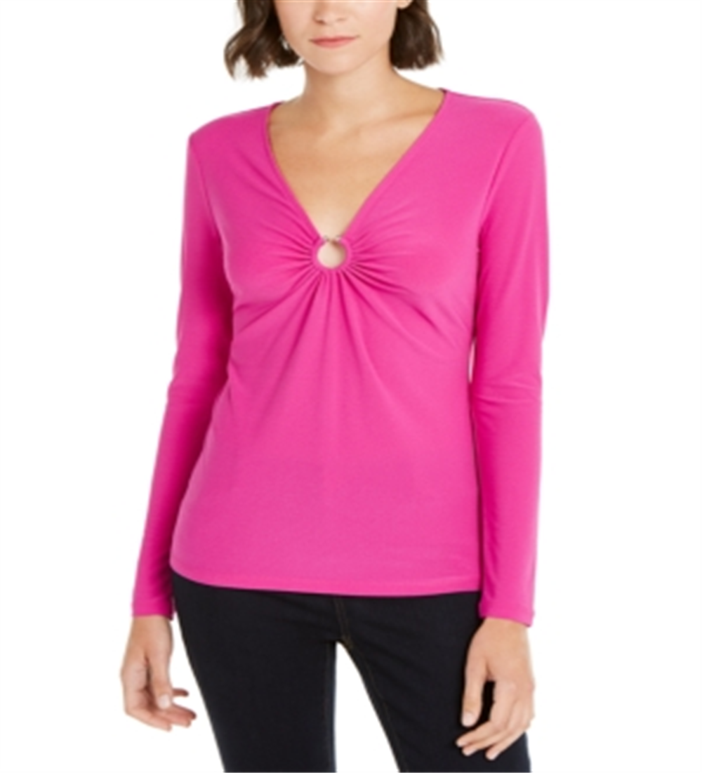 INC International Concepts Women's U Ring V Neck Top Pink Size Medium