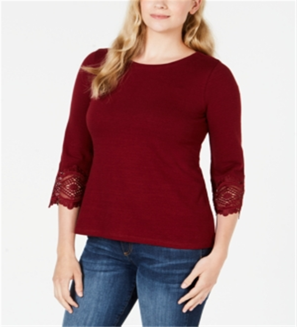 Charter Club Women's Cotton Lace Trim Top Red Size Petite L