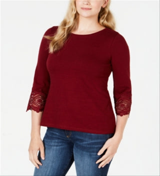 Charter Club Women's Cotton Lace Trim Top Red Size Petite L